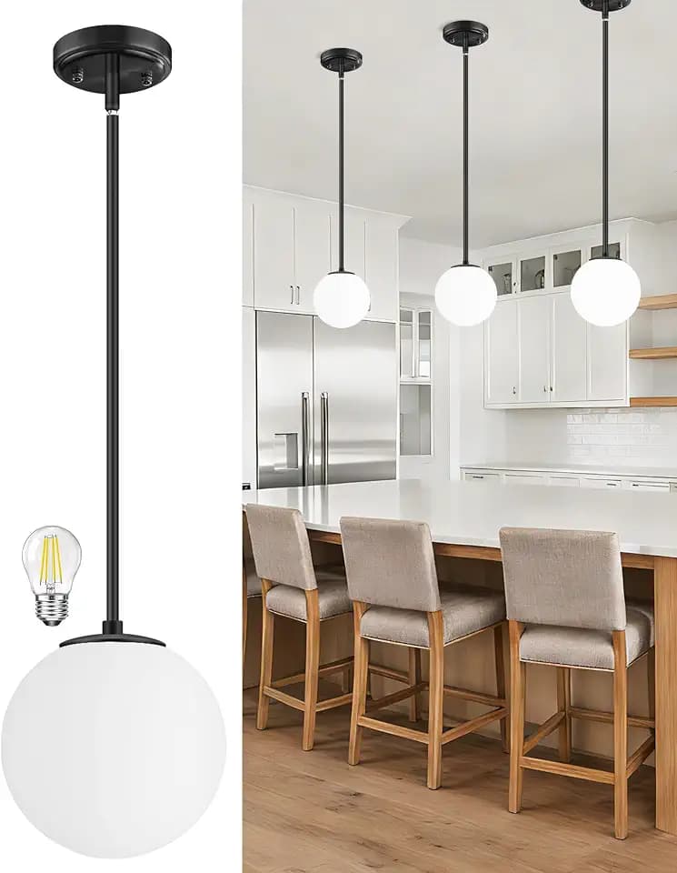 Majade 7.4" Globe Pendant Lights Kitchen Island Black Mid Century Modern Pendant Light Fixtures Ceiling Lighting with Milk White Glass Shade Adjustable Brushed Brass Hanging Light for Dining Room
