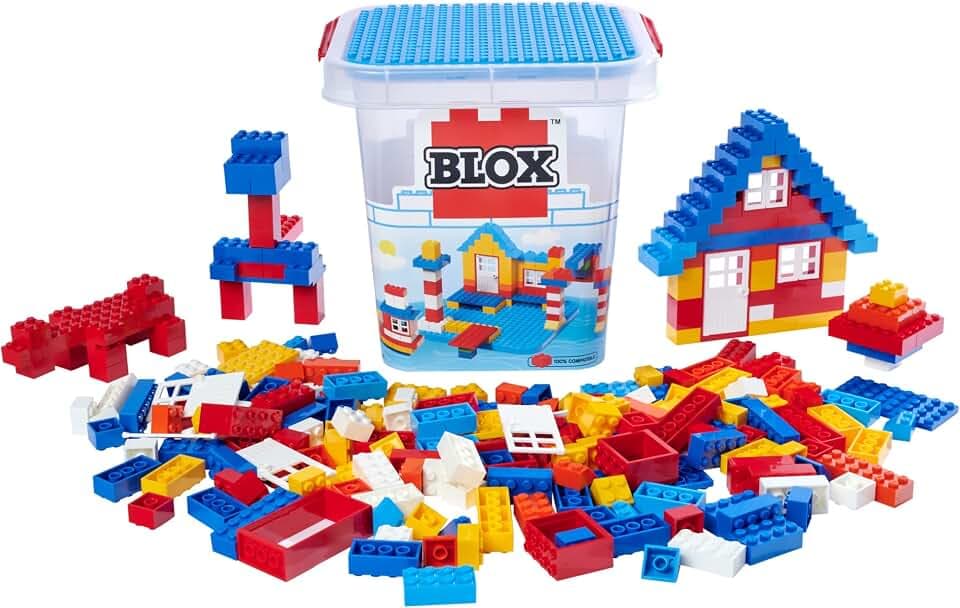 Simba 104114518 - Blox 250 Bausteine im Eimer, für Kinder ab 3 Jahren, Verschiedene Steine, 8 Fenster, 4 Türen, mit Grundplatte, vollkompatibel, farblich gemischt