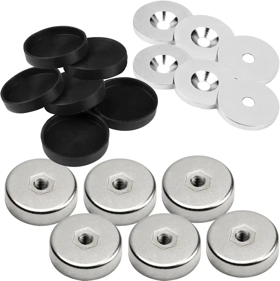 vasalat Topfmagnet mit Innengewinde, Magnet mit Metallscheiben und Gummi-Kappen, Rundmagnet ø 25mm, Neodym vernickelt 18-teilig