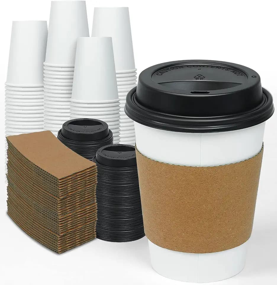 Ginkgo 100 Pack 12 oz Thickened Coffee Cups with Lids and Sleeves