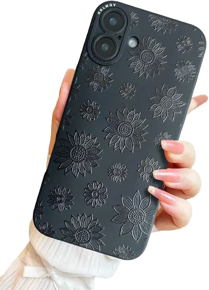 Case for iPhone 16 Flowers Sunflower Floral Print Boho Design for Women Girls Cute Kawaii Pattern Girly Trendy Elegant Aesthetic Goth Soft TPU Protective Shockproof Mate Black TPU Cover