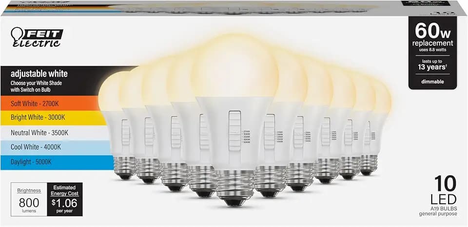 Feit Electric A19 LED Light Bulb, 60W EQ, 5CCT, Dimmable, 10-Pack