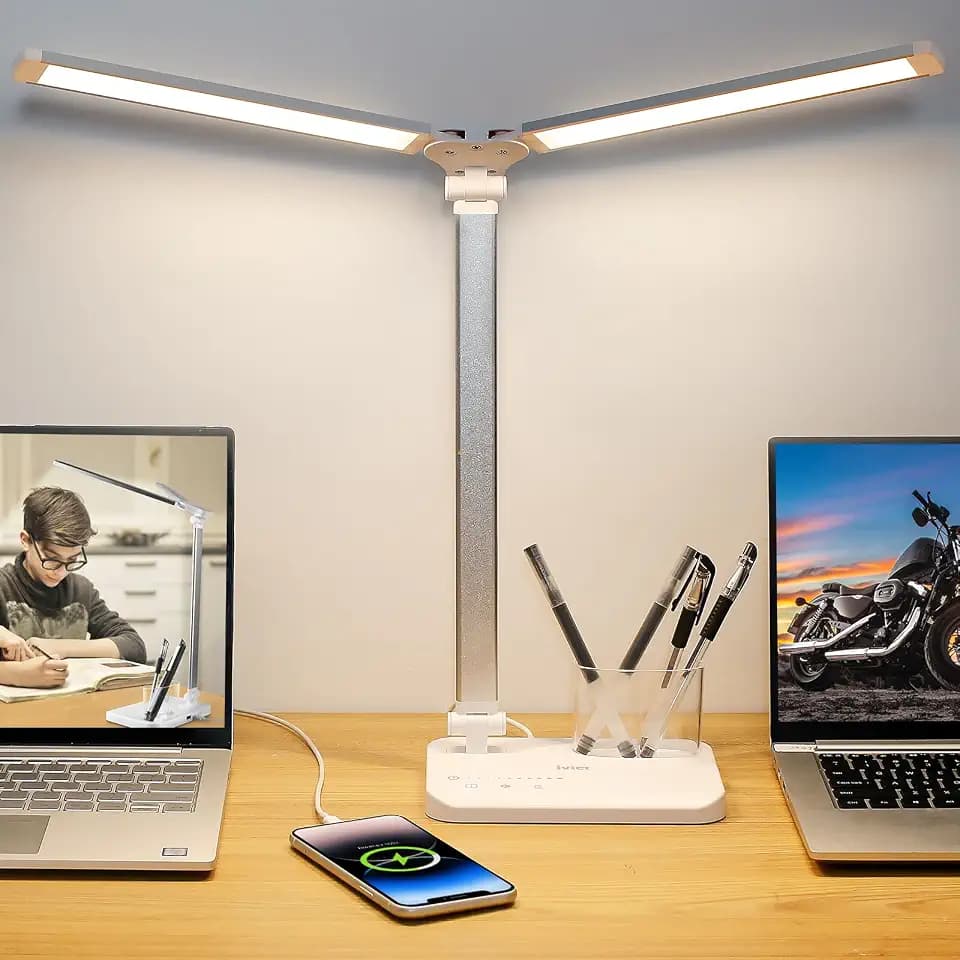iVict Dual Swing Arm LED Schreibtischlampe, 5-Modi Touch Control Helligkeitsstufen Schreibtischlicht mit 45-Minuten Auto-Off Timer, USB-Ladeanschluss, Speicherfunktion, Schreibtischlampen für Kinder