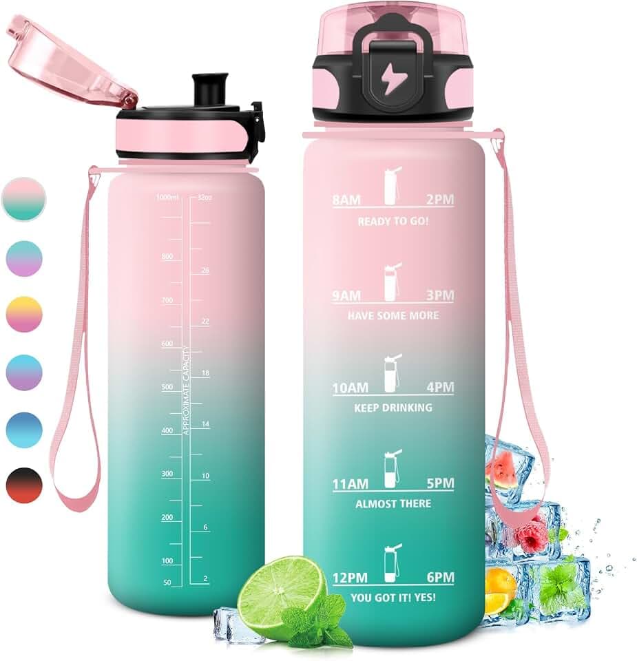 Trinkflasche 500ml/1L, Trinkflasche mit Zeitmarkierung und Filter, Auslaufsicher Wasserflasche Kohlensäure Geeignet für Fahrrad, Schule, Maedchen, Sport
