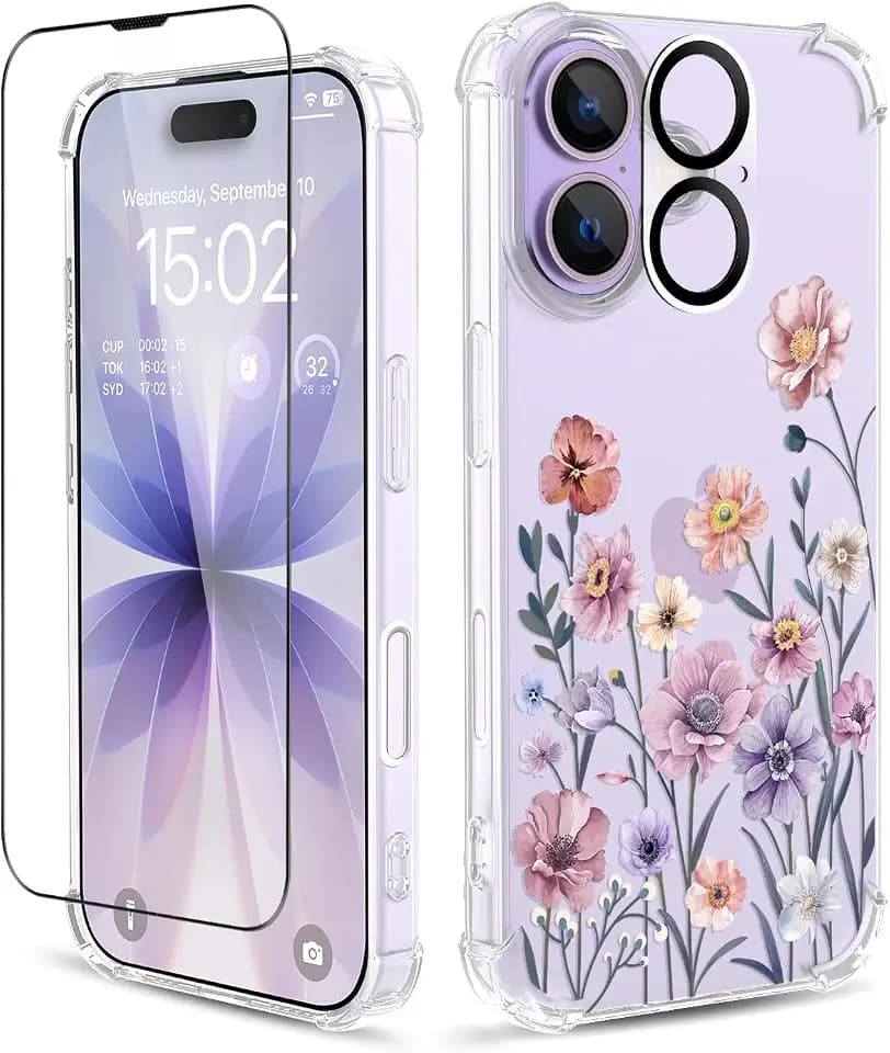 for iPhone 17 Case, 3 in 1 Screen & Lens Protectors, Floral Cover