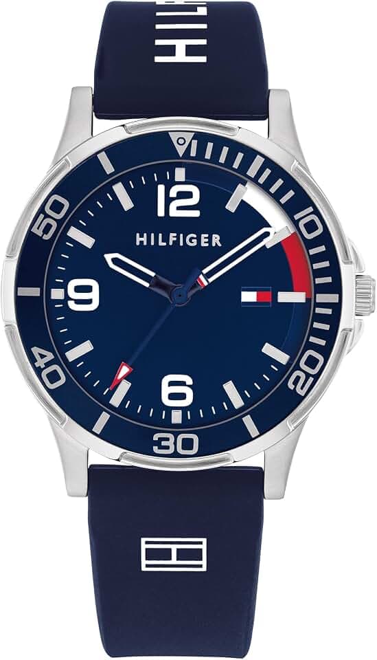 Tommy Hilfiger Jungen Uhr mit Blauem Zifferblatt, Blauem Silikonarmband, Edelstahlgehäuse 34mm, Aluminium Lünette, 3-Zeiger-Quarzwerk, 5 ATM Wassericht - 1720016