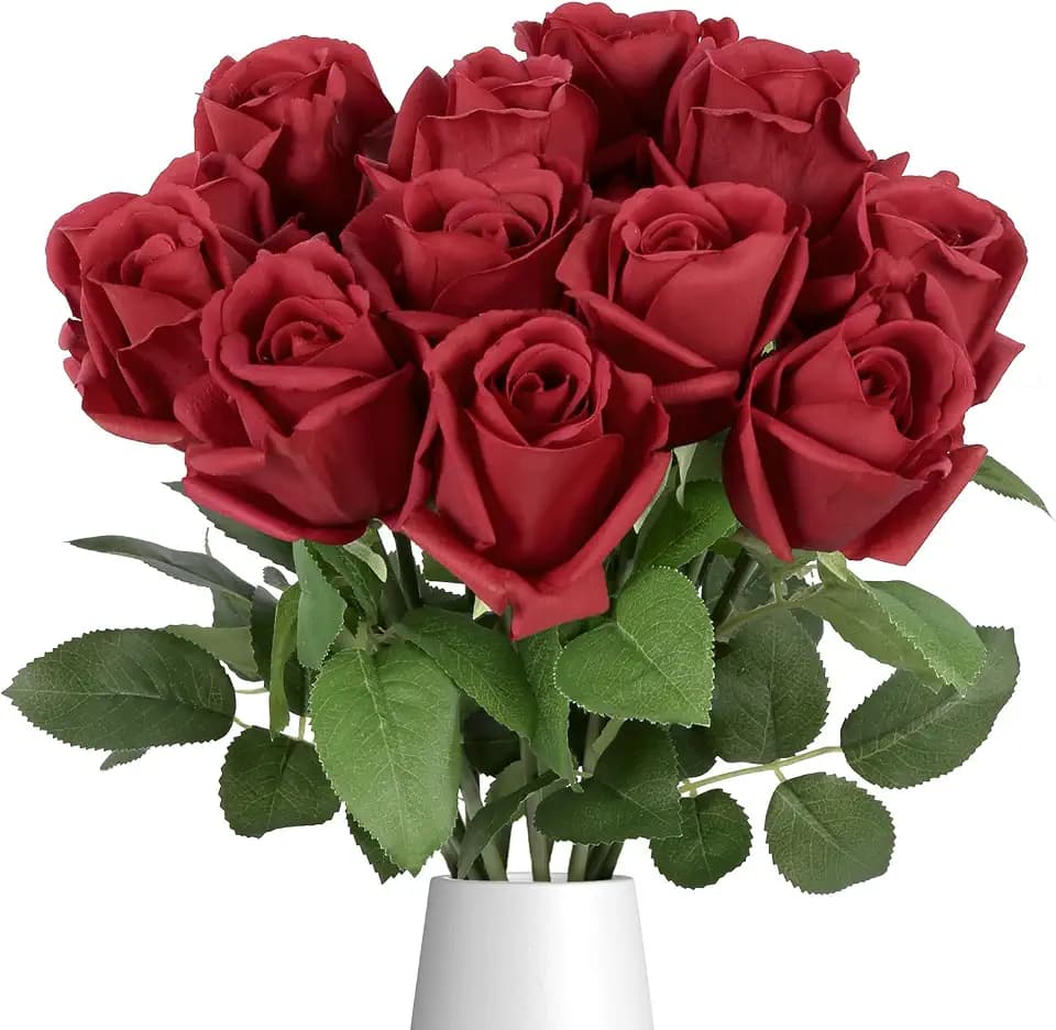 IPOPU 12PCS 22" Red Real Touch Roses Artificial Flowers Realistic Rose Long Stem Roses Artificial Flowers for Home Party Wedding Table Centerpieces Décor(Red)