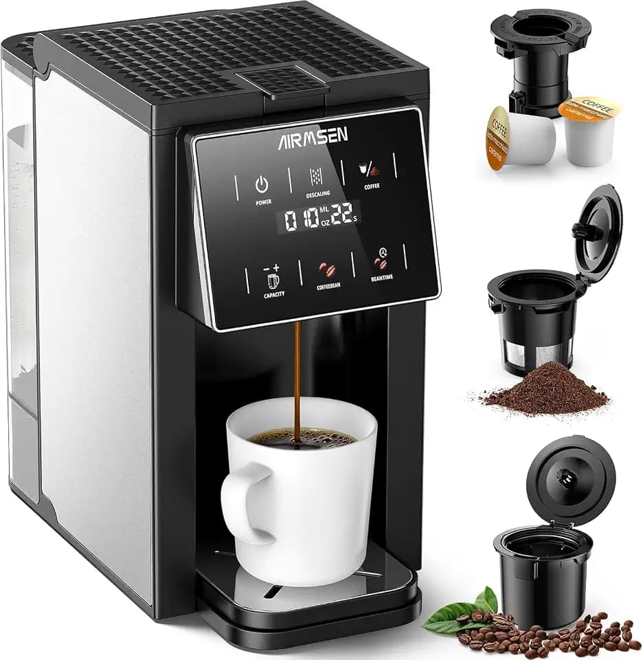 AIRMSEN Grind and Brew Coffee Maker, Single Serve with Built-In Grinder