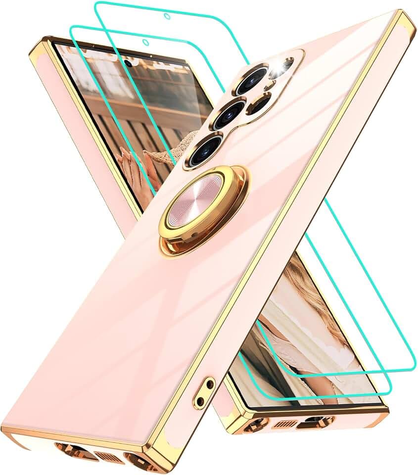 Gritup for Samsung Galaxy S23 Ultra Case: with 2Pcs Screen Protector, 360° Rotation Ring Holder Magnetic Kickstand, Plating Gold Edge Soft TPU Shockproof Protective Cover for S23 Ultra, Pink