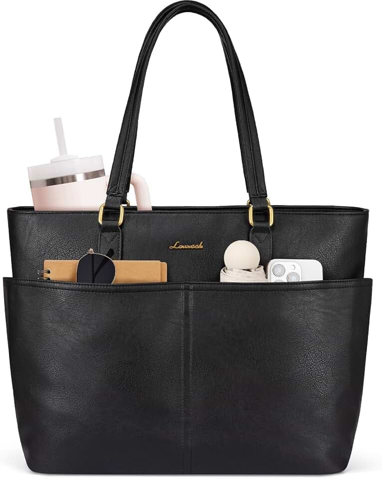 LOVEVOOK Work Tote Bags for Women, Vintage Leather 15.6 Inch Laptop Bag with Large Cup Holder, Teacher Nurse Medical Professional Computer Bag, Office Briefcase Handbag Gift