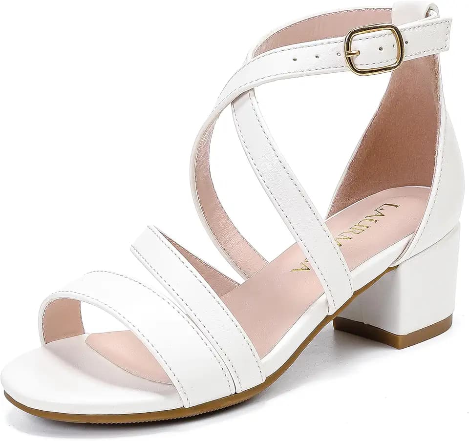 LAURMOSA Girls Sandals Chunky High Heel Strappy Open Toe Ankle Strap Dress Shoes for Little Big Kids in Wedding Party