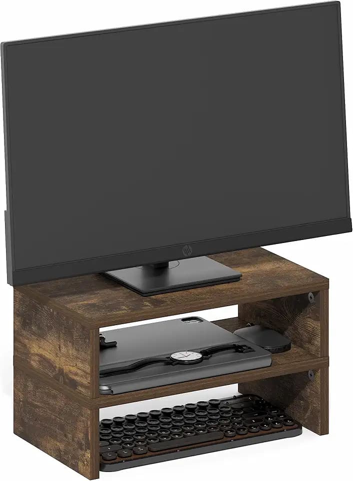 Furinno Classic Monitor Stand Riser Set of 2, Dual Monitor Riser, Amber Oak