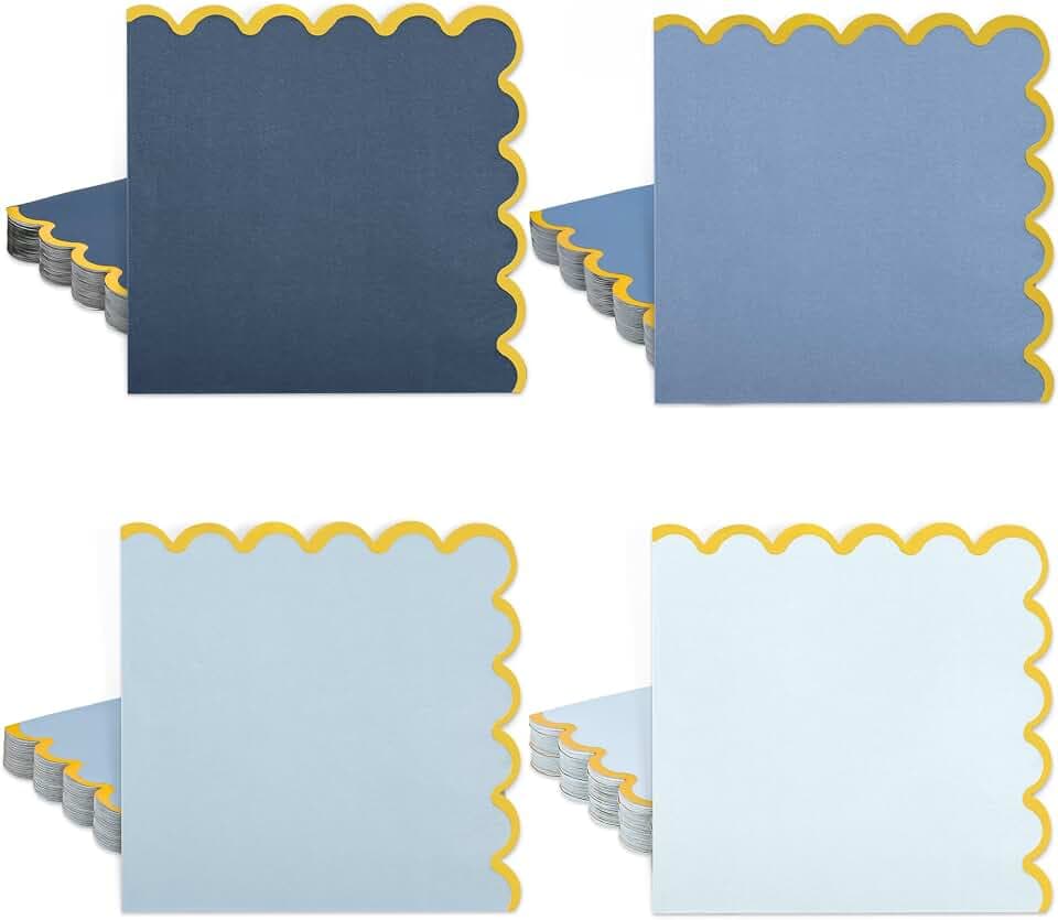 100Pcs Dusty Blue Gold Foil Scalloped Paper Napkins 6.5in