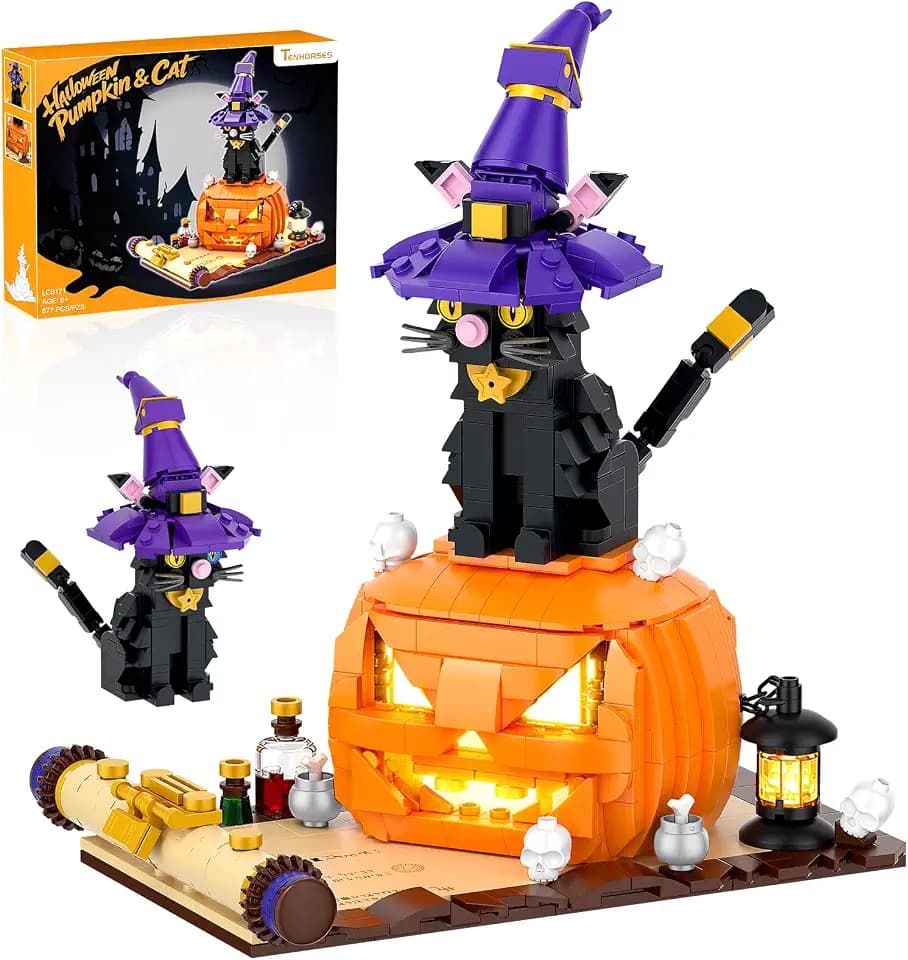 Halloween Pumpkin Witch Black Cat Building Set with Light for Kids