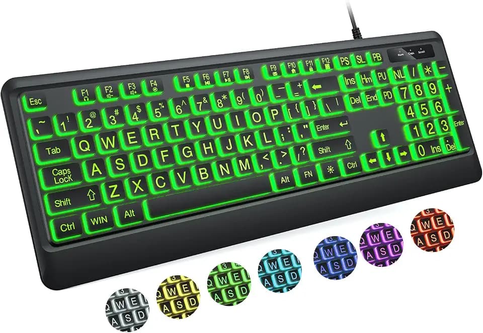 KOPJIPPOM Large Print Keyboard - 7 Interchangeable Backlight Colors, Light Up USB Wired Computer Keyboards, USB Plug-and-Play, Foldable Stands, Corded Full Size Keyboard for Windows, PC, Laptop