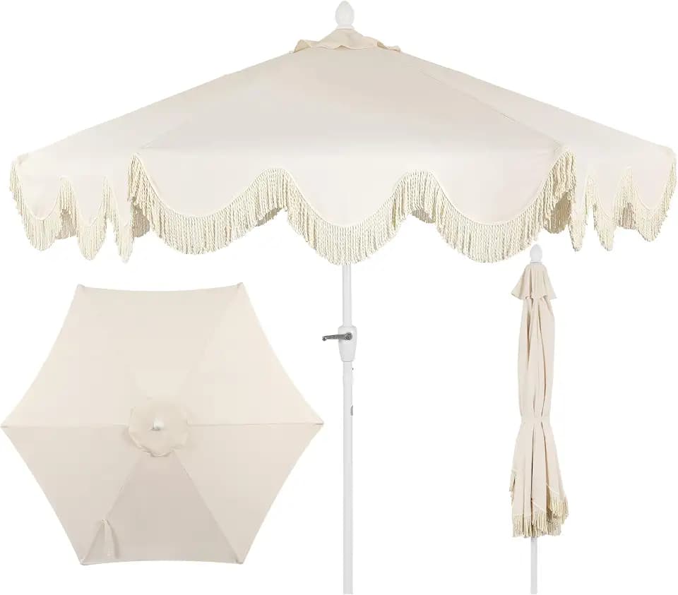 JONATHAN Y UMB1001 Collins 9 ft. Classic Cottage Tassel Market Patio Umbrella with Auto-Tilt, Crank, Wind Vent and UV Protection