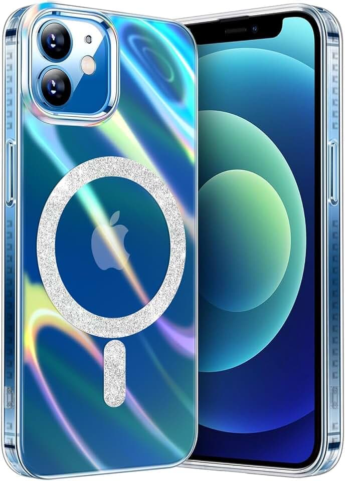 Magnetische Schutzhülle für iPhone 12/12 Pro 6,1 Zoll, kompatibel mit MagSafe, stoßfest, Kratzfest, Case Rainbow Laser transparent, Anti-Fingerabdruck, schillernd, transparent