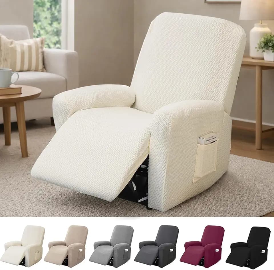 1-Sitzer Sessel Überzug, Sesselbezuge Stretch mit Taschen, All-Inclusive Streifen-Jacquard Sesselschoner für Fernsehsessel Relaxsessel Sesselhusse (Beige, 4-Teilig)