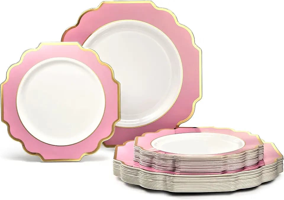 OCCASIONS Fancy Disposable Rose Gold Plastic Plates, 50 Pack 25 Guests - Scalloped Dinner & Salad/Dessert 10.5"+8" Heavy Duty, China-Like Look, BPA-Free, Wedding Party (Imperial in Rose Pink and Gold)