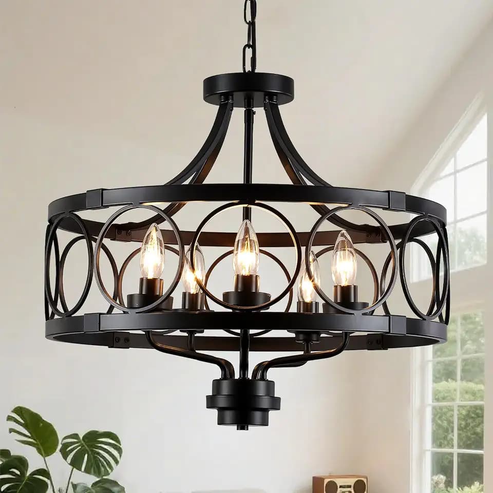 20" Black Farmhouse Chandelier for Dining Room, 5-Light Rustic Metal Chandeliers, Modern Drum Light Fixture, Adjustable Industrial Pendant Hanging Lighting for Kitchen, Entryway, Bedroom, Foyer, E12