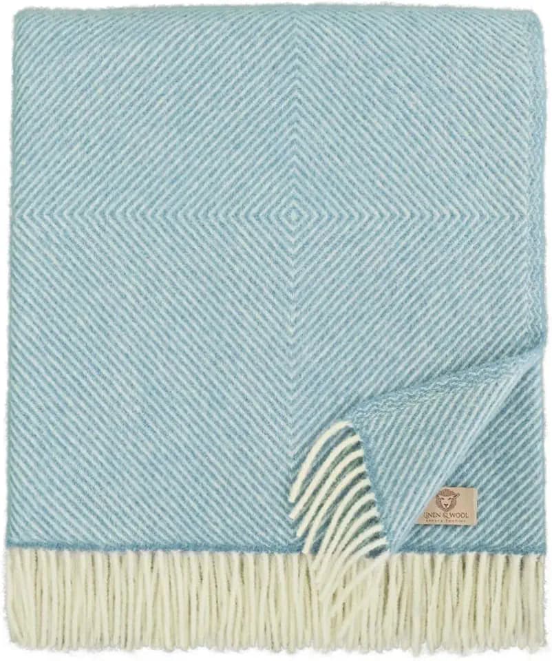 Linen & Cotton Decke Wolldecke Alaska mit Rautenmuster - 100% Reine Neuseeland Wolle (140 x 220cm), Türkis Blau - Sofadecke/Bettüberwurf/Kuscheldecke/Überwurf Couch Sofa Bett