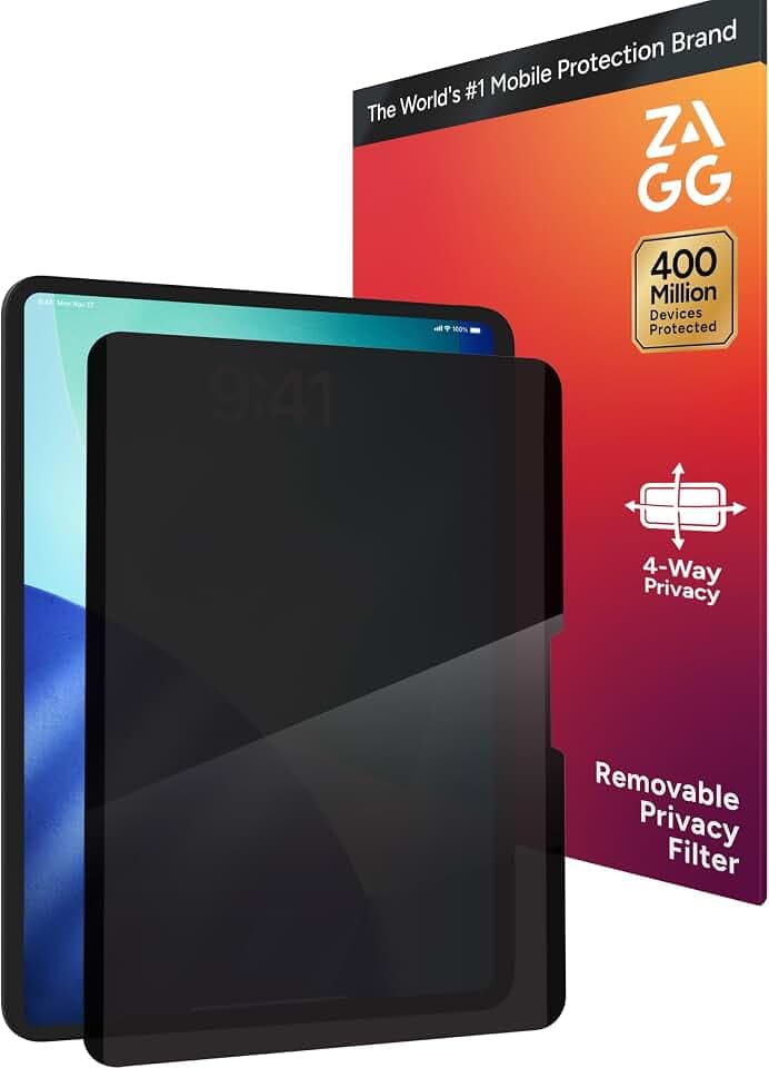 ZAGG Privacy Filter for iPad 11" (A16)/ 10.9" (Gen 10) - Removable Magnetic 4-Way Privacy Screen Filter, Anti-Glare Matte Finish, Fingerprint Resistant, Reusable Design & Protective Sleeve