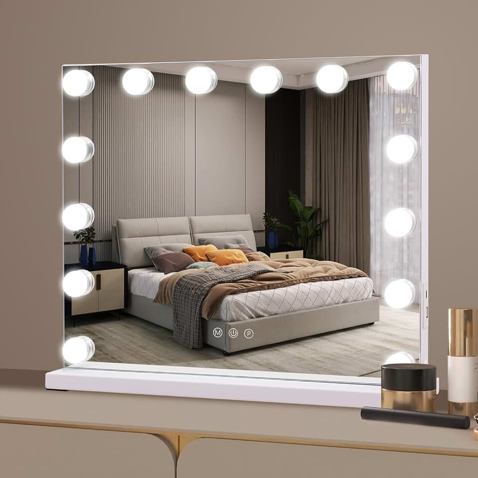 Hollywood Kosmetikspiegel mit 14 dimmbaren Glühbirnen, 3 Farbmodi und Touchscreen-Steuerung, 50 × 40 cm, Tisch- oder Wandmontage