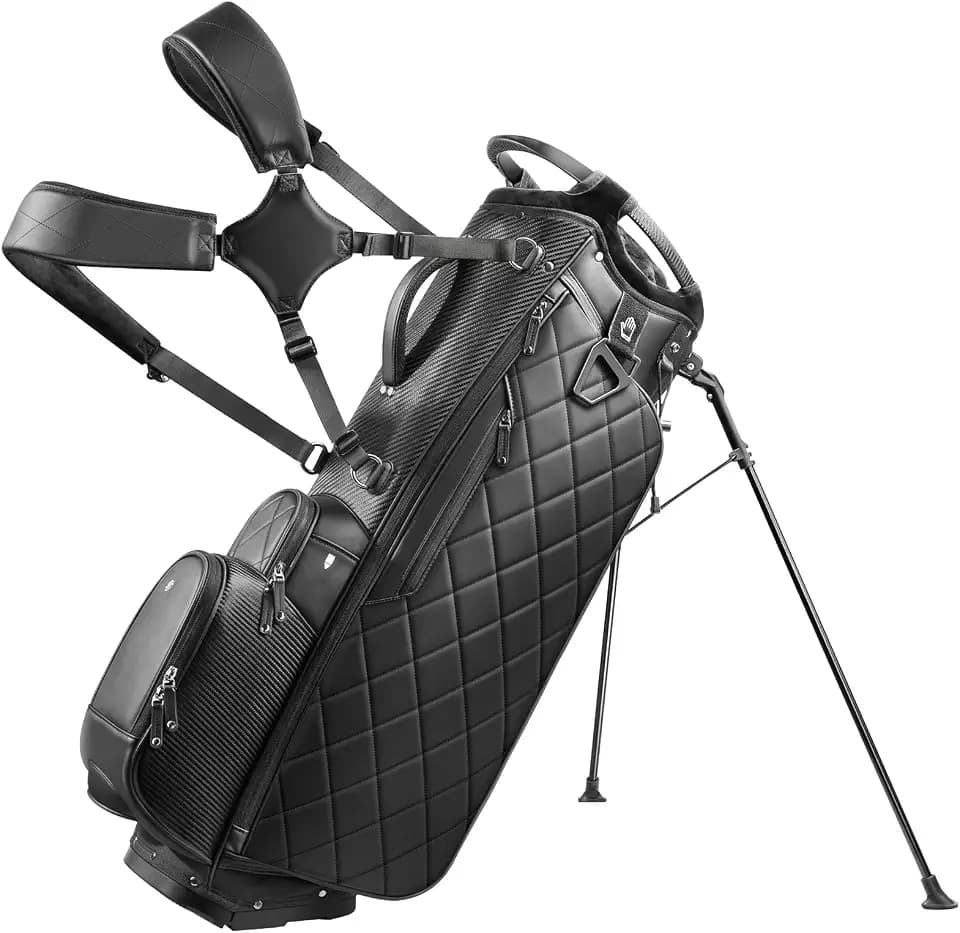Findway 14 Way Golf Stand Bag, PU Leather Golf Bag Full-Length Dividers, Velvet-Lined for Men/Women, Lightweight Waterproof Carry Bag with Adjustable Dual Straps and Rain Hood