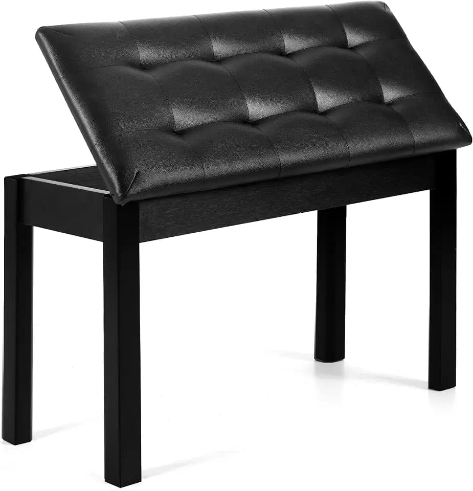 Wooden Duet Piano Bench with Padded Cushion and Storage Compartment, Black