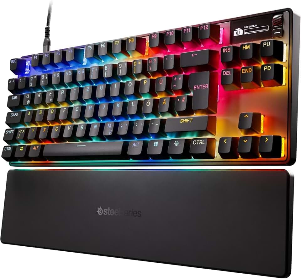 SteelSeries APEX PRO TKL Gen-3-Gaming-Tastatur – OmniPoint 3.0 analoge magnetische Schalter, Quickset-Auto-Presets (Schnellabzug, Schnellantipp/SOCD, Schutzmodus), OLED,RGB,PBT, USB-C, German QWERTZ