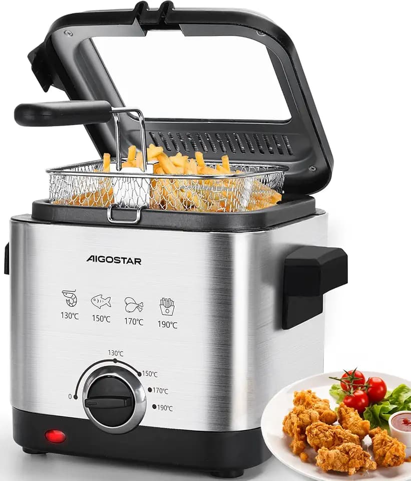 Aigostar Mini Fritteuse mit Öl 1,5L, Friteuse Klein Edelstahl 1000W, Silber