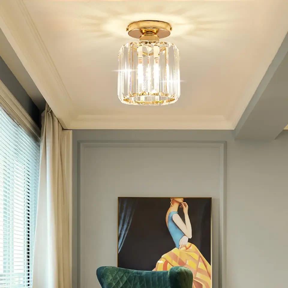 Close to Ceiling Light Fixtures Mini Crystal Flush Mount Ceiling Light Chandelier Modern Indoor with E26 Base Hallway Bedroom Bathroom Entryway Kitchen (Gold, 5.9in Round)