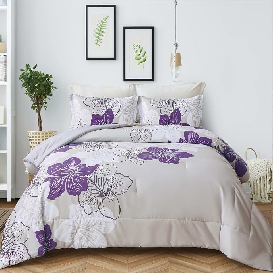 Menghomeus 3 Piece Comforter Set Full Size Purple Floral Printed on Grey
