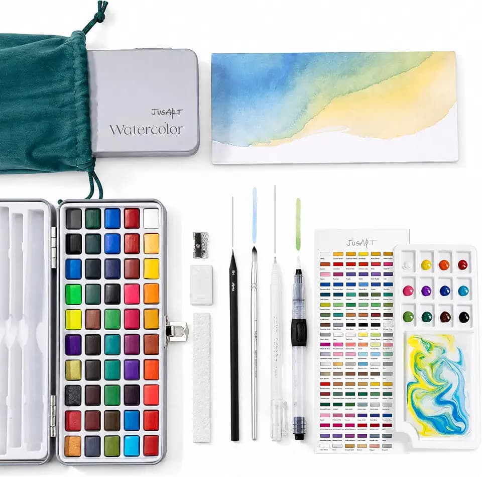 JusArt Aquarellfarben-Set mit 50 Farben, Künstlerbedarf mit Metallic-Farben