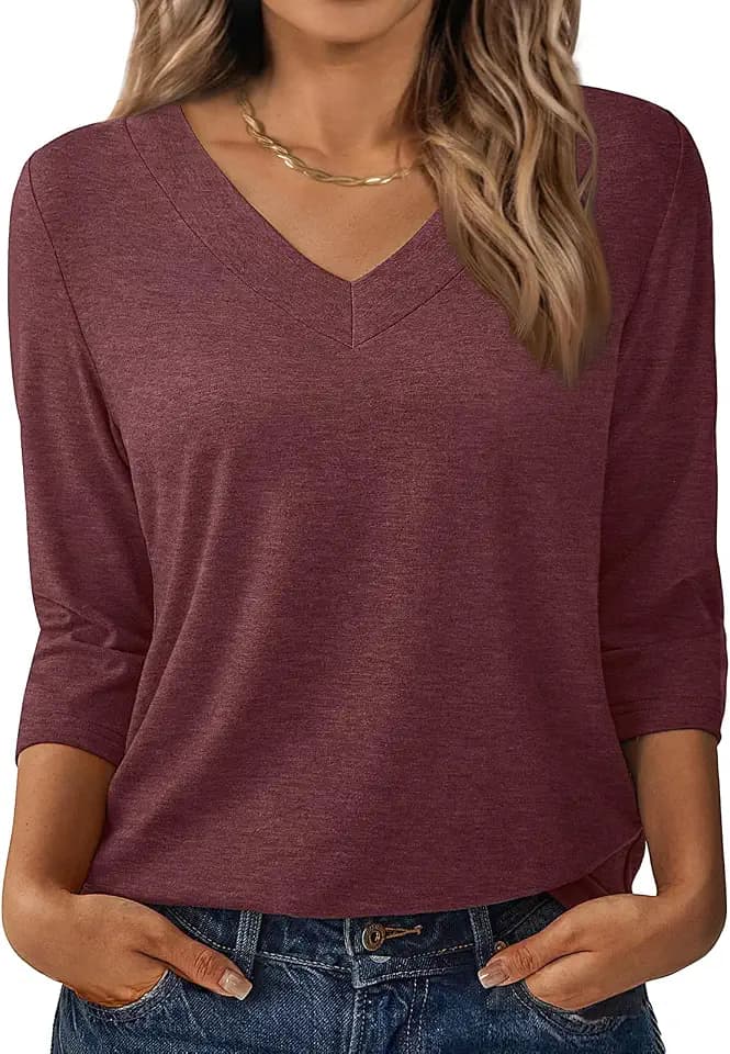 3/4 Length Sleeve Womens Tops V Neck Casual Tunic Loose Fit Basic Shirts Trendy Tops for Women 2026
