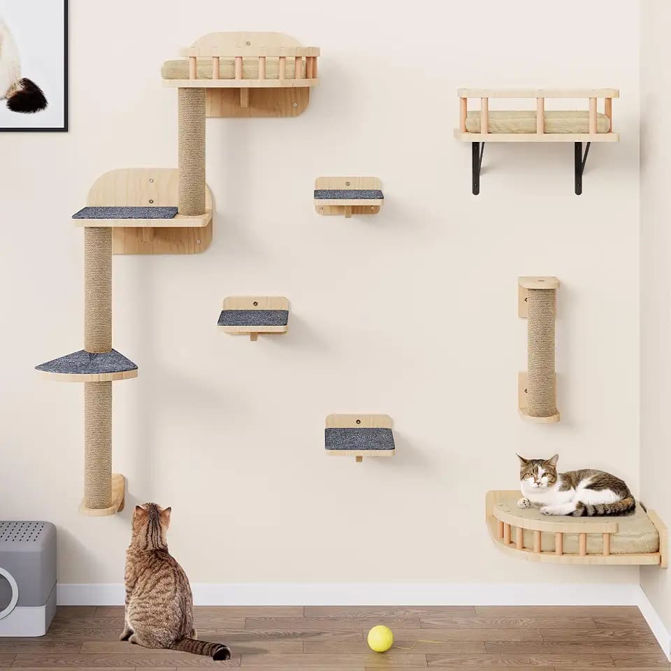 YITAHOME Katzen Kletterwand, Kletterwand Katzen Set aus Holz, 7-Teiliges Stabiler Katzenmöbel mit Kratzbäume, Eckplattform, Treppensteigen und Katzenbett für Katze Schlafen Spielen Lounging