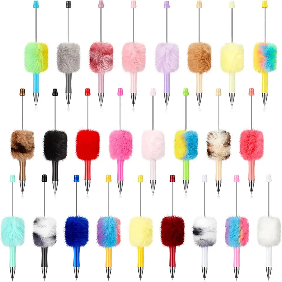 Sayglossy 50 Pcs Fluffy Beadable Ballpoint Pens Bulk Retractable Plush Ball Beaded Pens Pom Pom Pen 25 Colors Cute Plastic Bead Ballpoint with Shaft Black Ink for DIY Craft Office School Supplies Gift