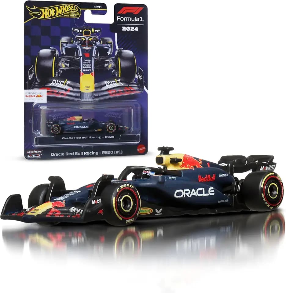 Hot Wheels Formel 1 Premium, Oracle Red Bull Racing RB20, Die-Cast-Spielzeugauto im Maßstab 1:64 Sammelspielzeug-Rennauto mit Real Riders-Reifen sowie Metall/Metall-Karosserie und -Fahrgestell, JBM12