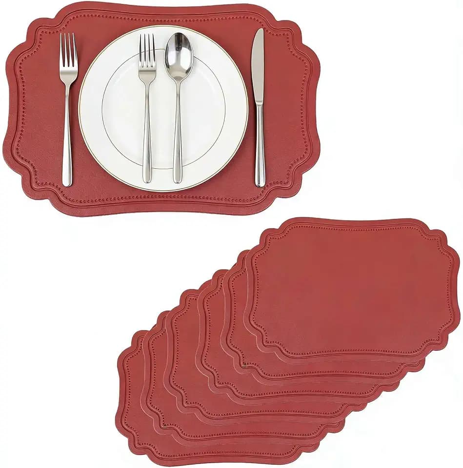 Placemats Indoor Set 6,Burgundy Faux Leather Waterproof