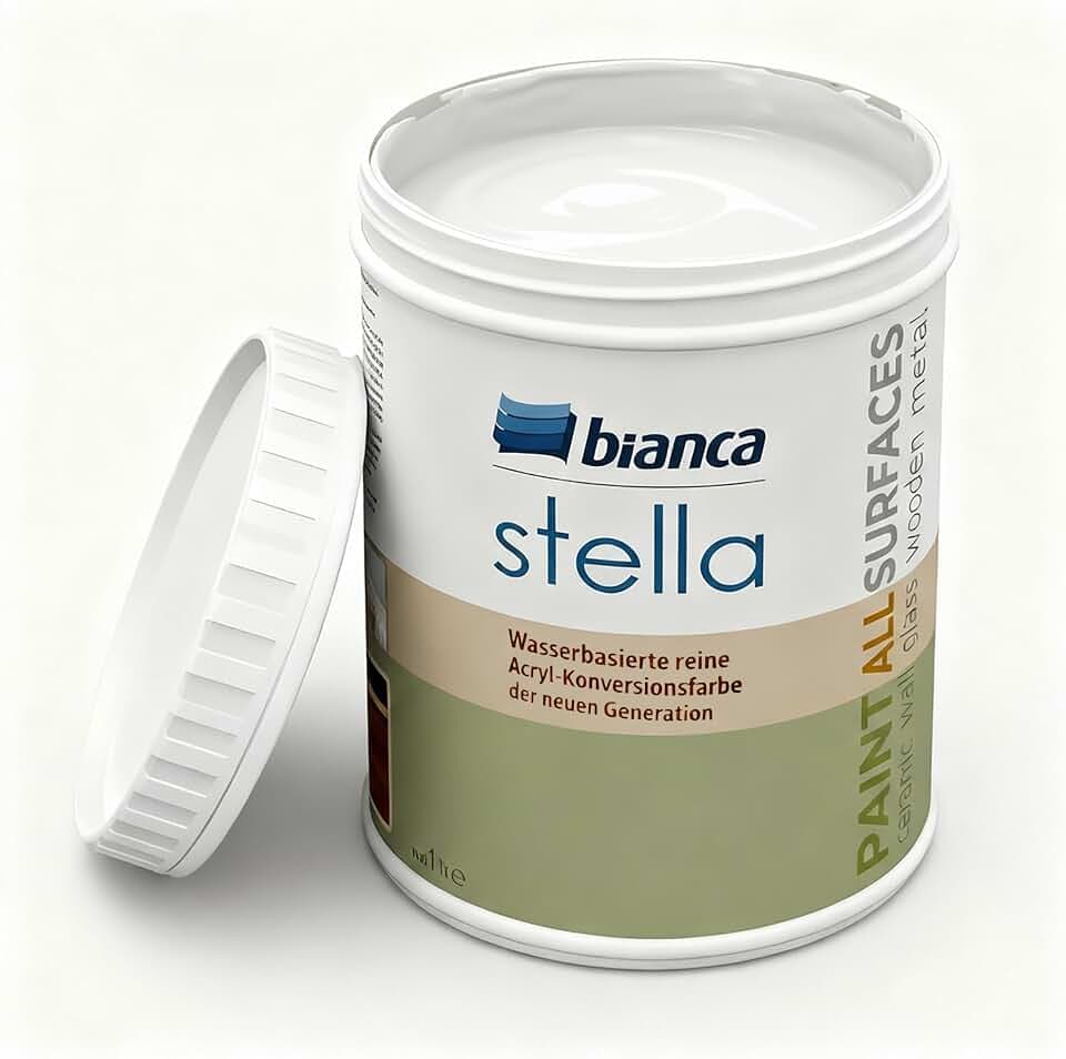 Bianca Stella Universalfarbe Ohne Schleifen - Wasserbasierte Parfümierte Renoiverfarbe für Möbel, Holz, Fliesen, Metall & Kunststoff - Weiß, Glänzend, Kratzfest, Hochdeckend, 1000ml