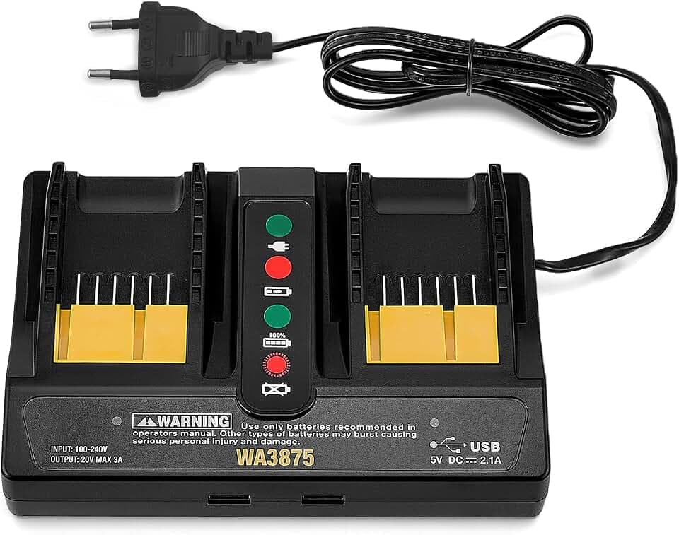 Doppel-Akkuladegerät mit Zwei USB-Anschlüssen, kompatibel mit Worx 18V/20V Li-Ionen-Akkus, intelligenten LED-Anzeigen und Sicherheitsfunktionen