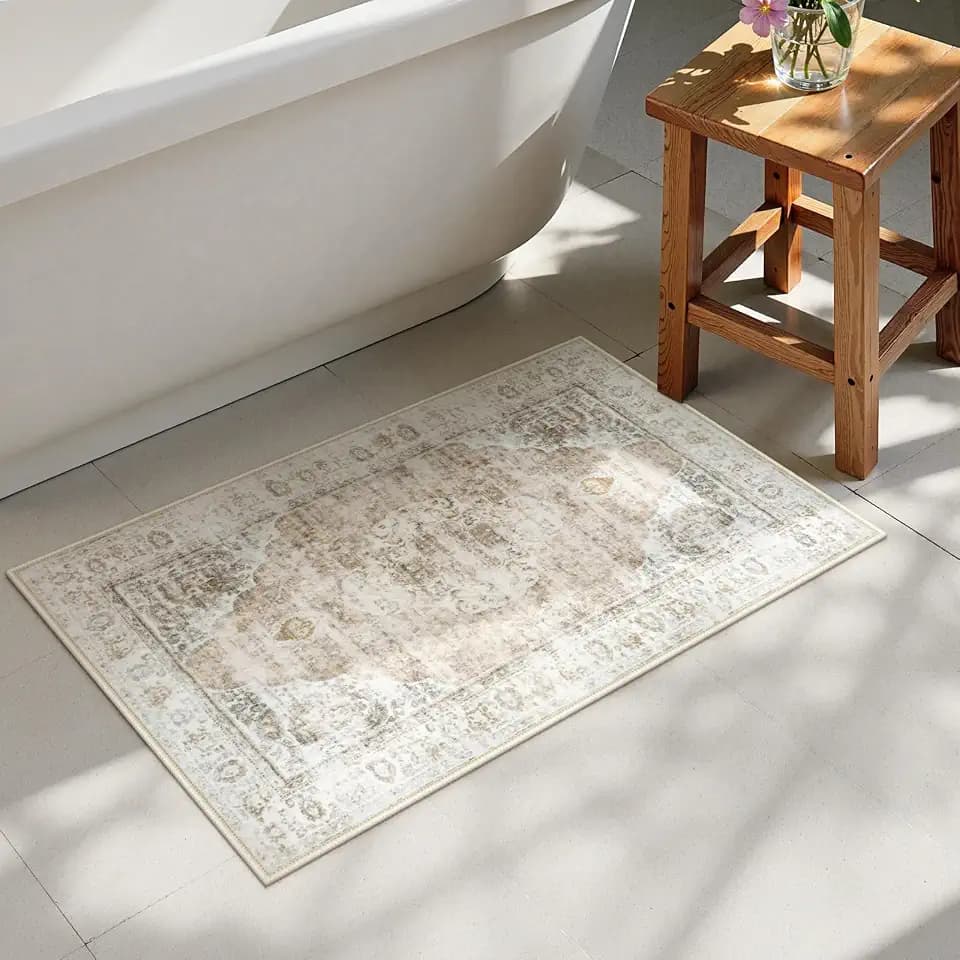 Uphome Boho Bathroom Rugs, Distressed Farmhouse Light Khaki Bath Mat, Comfy Velvet Small Bath Rugs Non Slip Washable, Vintage Oriental Toilet Rug for Sink Shower Vanity, 20x32 inch