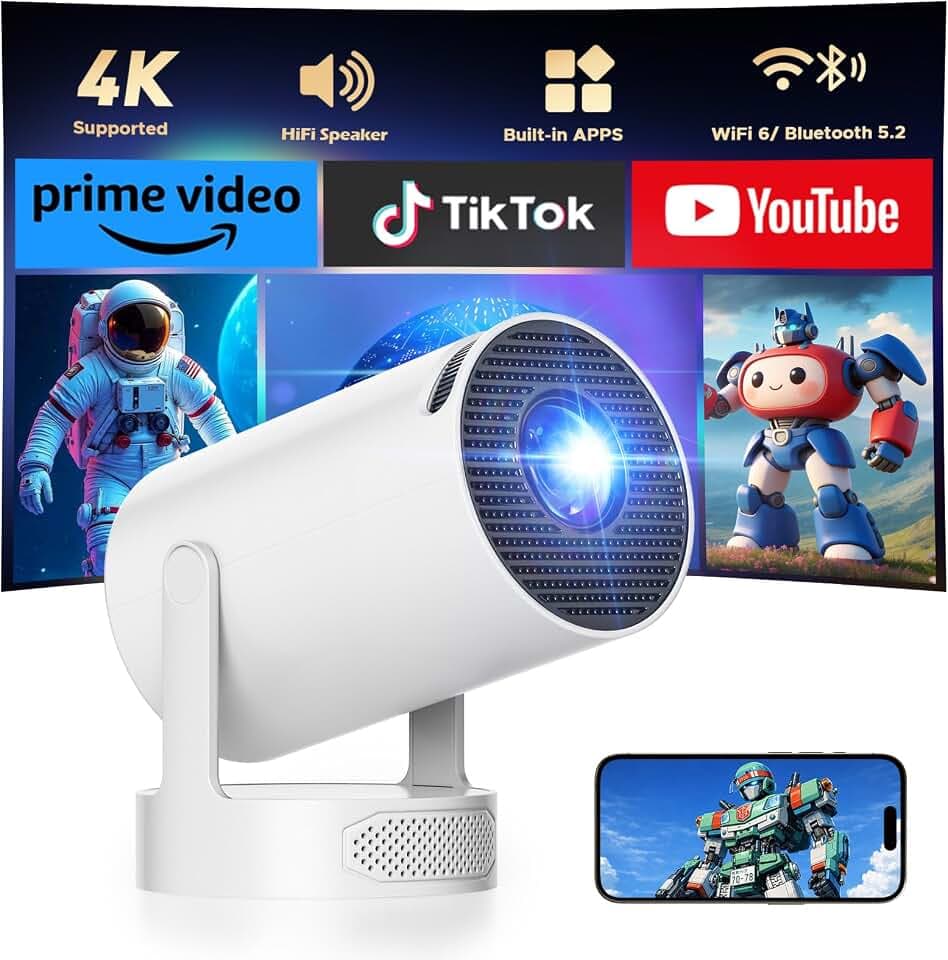 Mini Projector with Bluetooth and WiFi, Upgraded 200 ANSI Lumens Portable Projector 4K, Auto Focus/Keystone, Compatible with iPhone/TV Stick/Laptop for Home Outdoor Movie