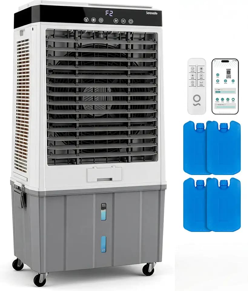 SereneLife Portable Swamp Cooler with 4000 CFM Power - Heavy-Duty Evaporative Air Cooler for Large Indoor & Outdoor Spaces, 65L Tank, 60° Oscillation, 12-Hour Timer, Wi-Fi & Remote Control
