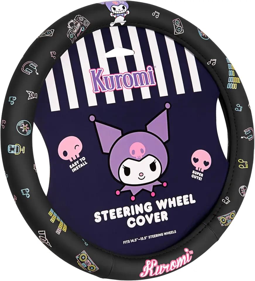 Sanrio Hello Kitty and Friends Kuromi Black Car Steering Wheel Cover, Universal Fit Cute Accessories for Women Stylish Decor Gifts Hello Kitty Accessories - Fits Standard Wheels 14.5"-15"