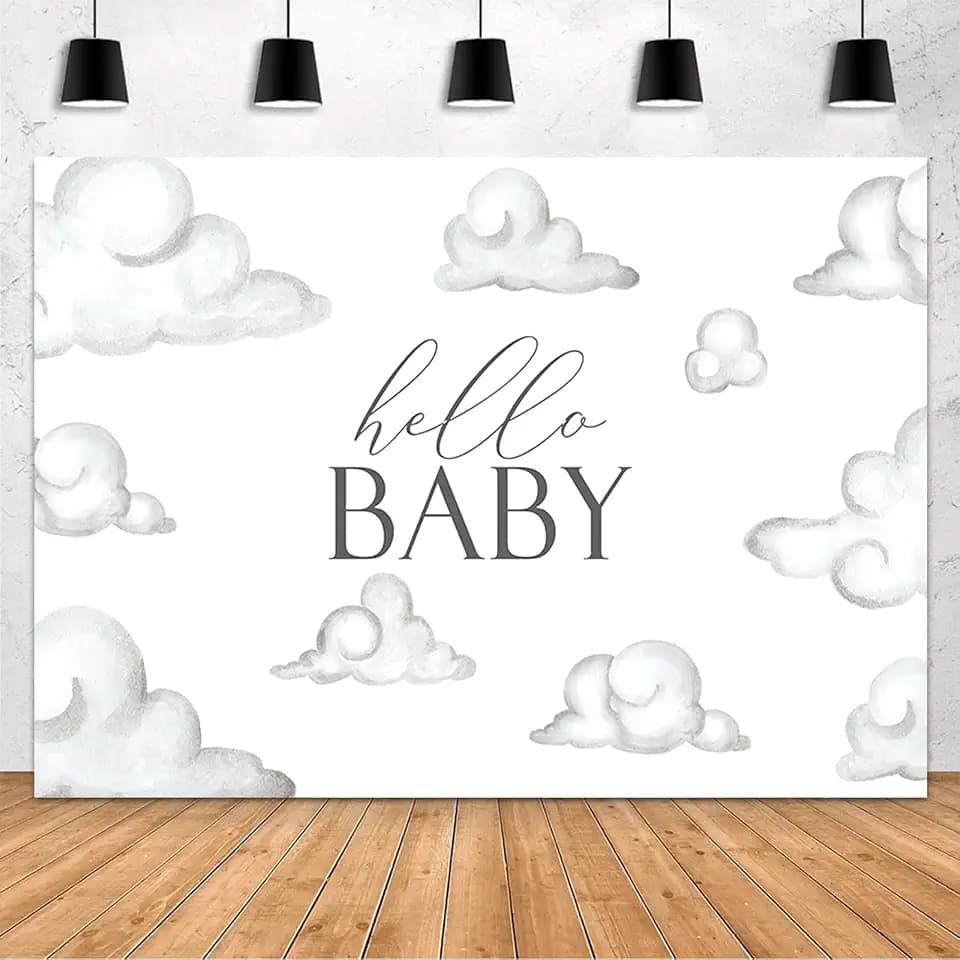 MEHOFOND Hello Baby Baby Shower Backdrop White Clouds Baby Birthday Party Decorations Backdrop White Cloud Baby Shower Party Decorations Cake Table Banner Supplies Photo Studio Props(7x5ft)