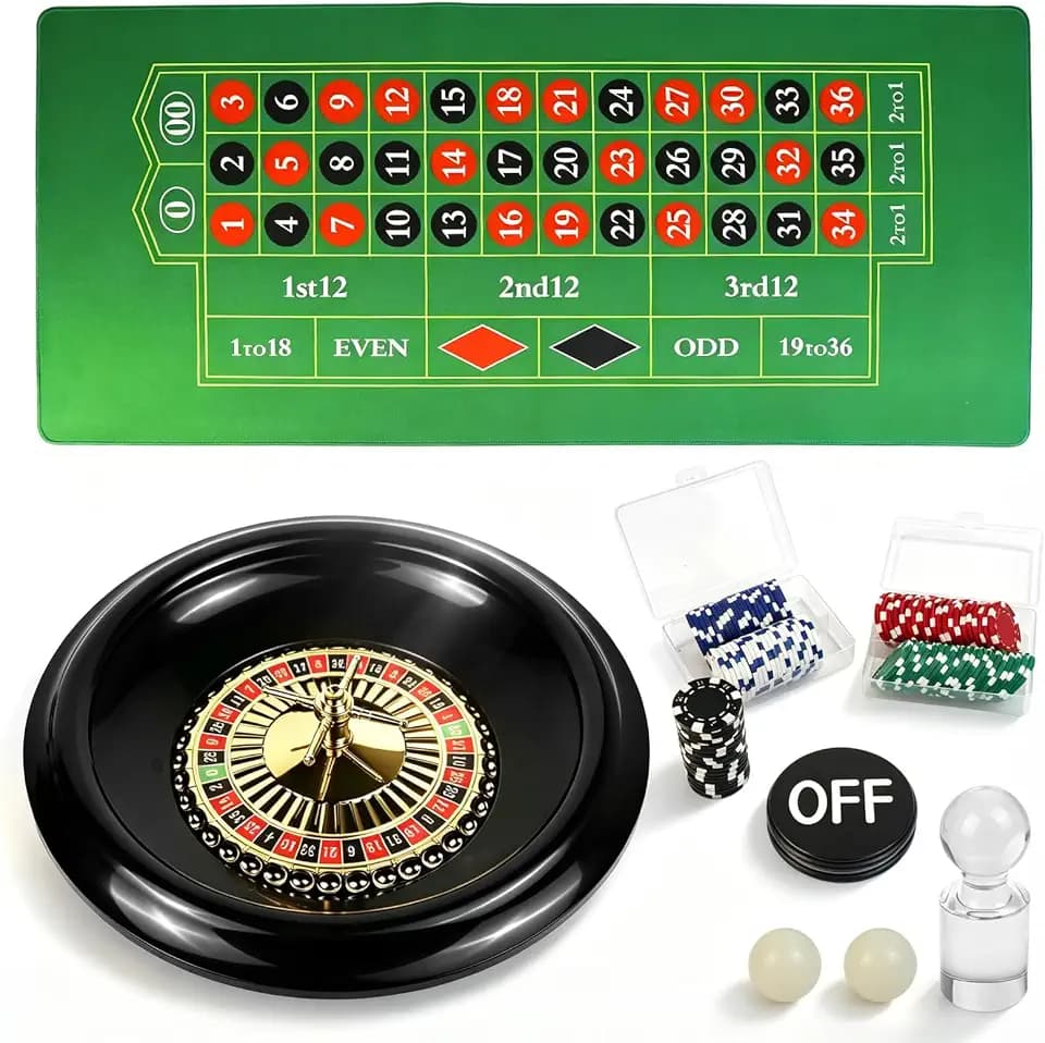 Casino Night Complete Game Set Include 16'' Green Roulette Wheel 35" X 16" Rubber Tabletop Layout Mat, 100 Chips Dealer Button Win Marker Casino Game Sets Gift Ideas