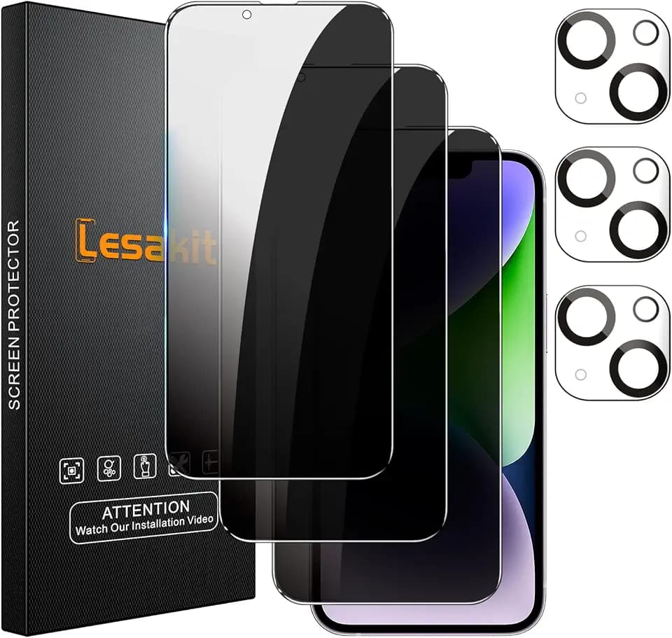 Lesakit 3+3 Pack Privacy Screen Protector for iPhone 14 Plus 6.7-Inch with 3 Pack Camera Lens Protector, Anti Spy Tempered Glass Film 9H Hardness Bubble Free Case Friendly