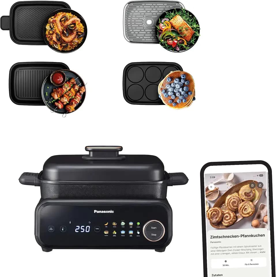 Panasonic NF-GM400 4-in-1 Elektro-Multikocher, Elektro Tischgrill, Braten, Slow Cook, BBQ, Dämpfen, Sautieren, 1400W, 40–250°C, 9 Auto-Modi, 4 Antihaftplatten, Rauchabsaugung, Schwarz