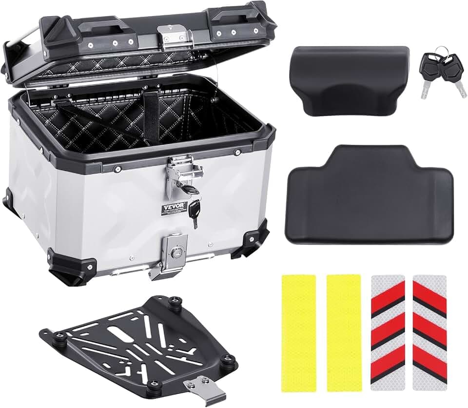 VEVOR Motorrad-Topcase Motorradkoffer 45 L Heckbox aus Aluminiumlegierung mit Lederfutter, abnehmbare Motorrad-Topbox mit Schloss & Rückenpolster, Helmkoffer (435 x 378 x 348 mm) Silber
